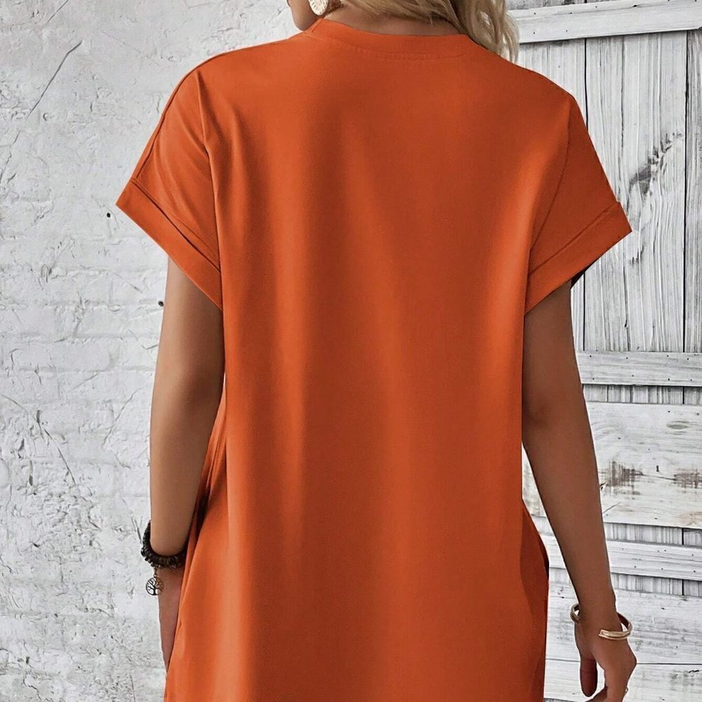 Burnt Orange Boho Womens Solid Batwing Sleeve Hidden Pocket Tee Dress - Picture 2 of 5